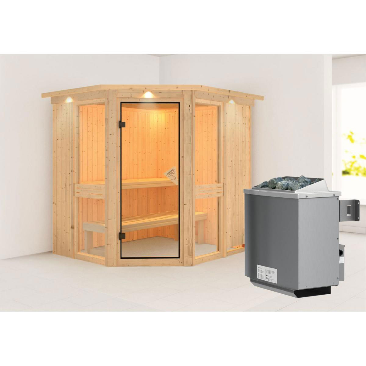 Karibu Amelia 1 Eckeinstieg 9 kW Ofen integr Strg mit Kranz Bild 1