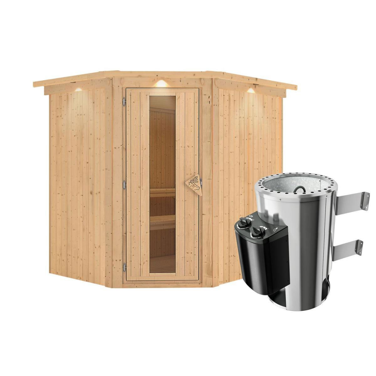 Karibu Sauna Lilja Eckeinstieg 3,6 kW Ofen integr Strg mit Kranz Energiespartür Bild 2