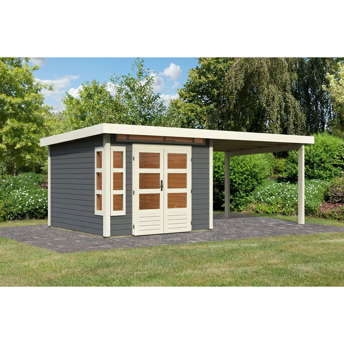 Karibu  Blockbohlenhaus Kastorf 6 terragrau mit Anbaudach