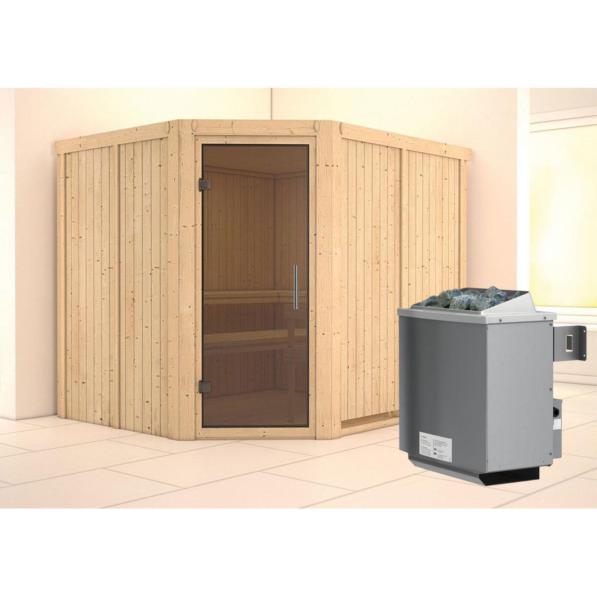 Karibu Sauna Malin Eckeinstieg 9 kW Ofen integr Strg Tür graphit ohne Kranz Bild 1