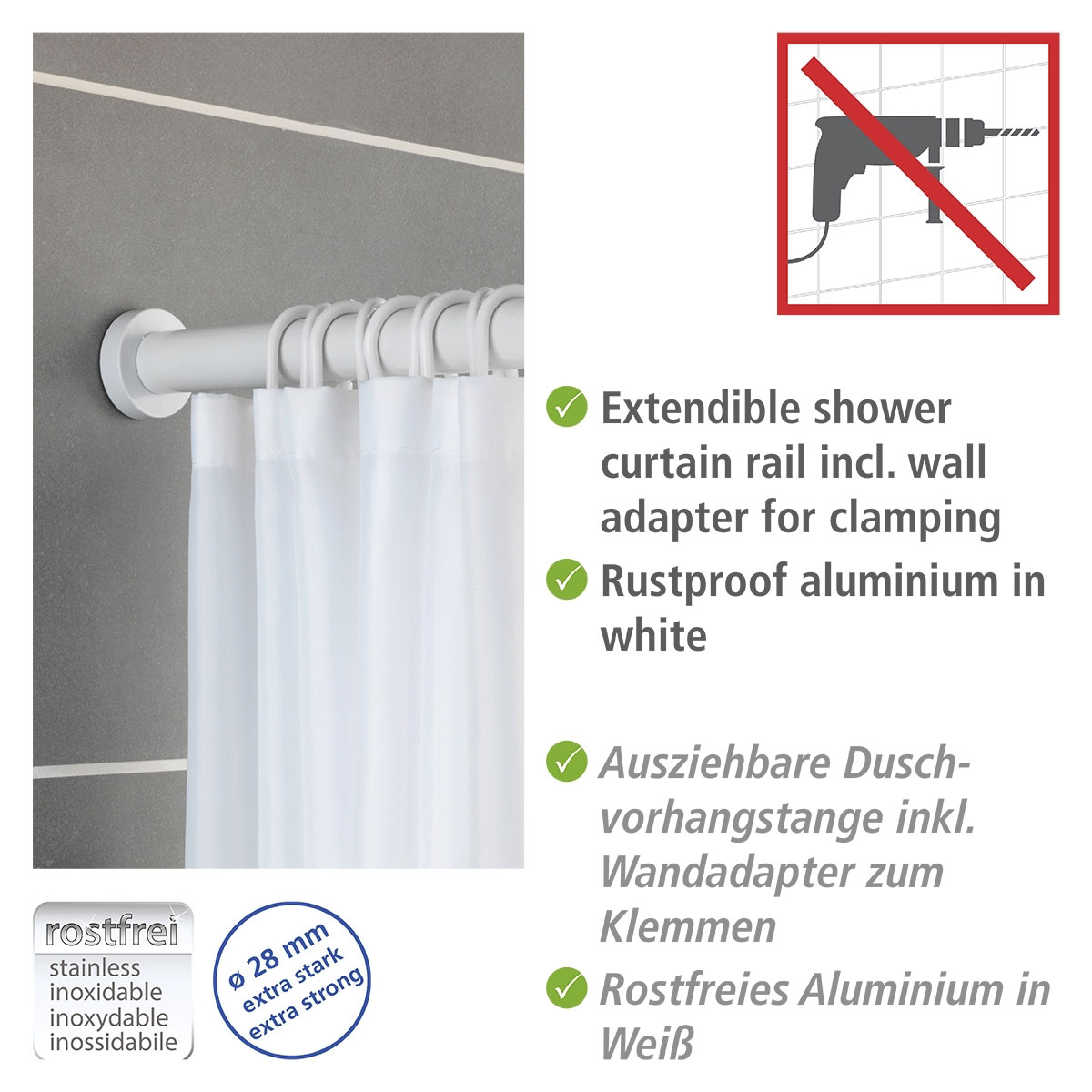 Wenko Teleskop-Duschstange Luz 110 - 185 cm Weiß Ausziehbare Duschvorhangstange aus rostfreiem Aluminium