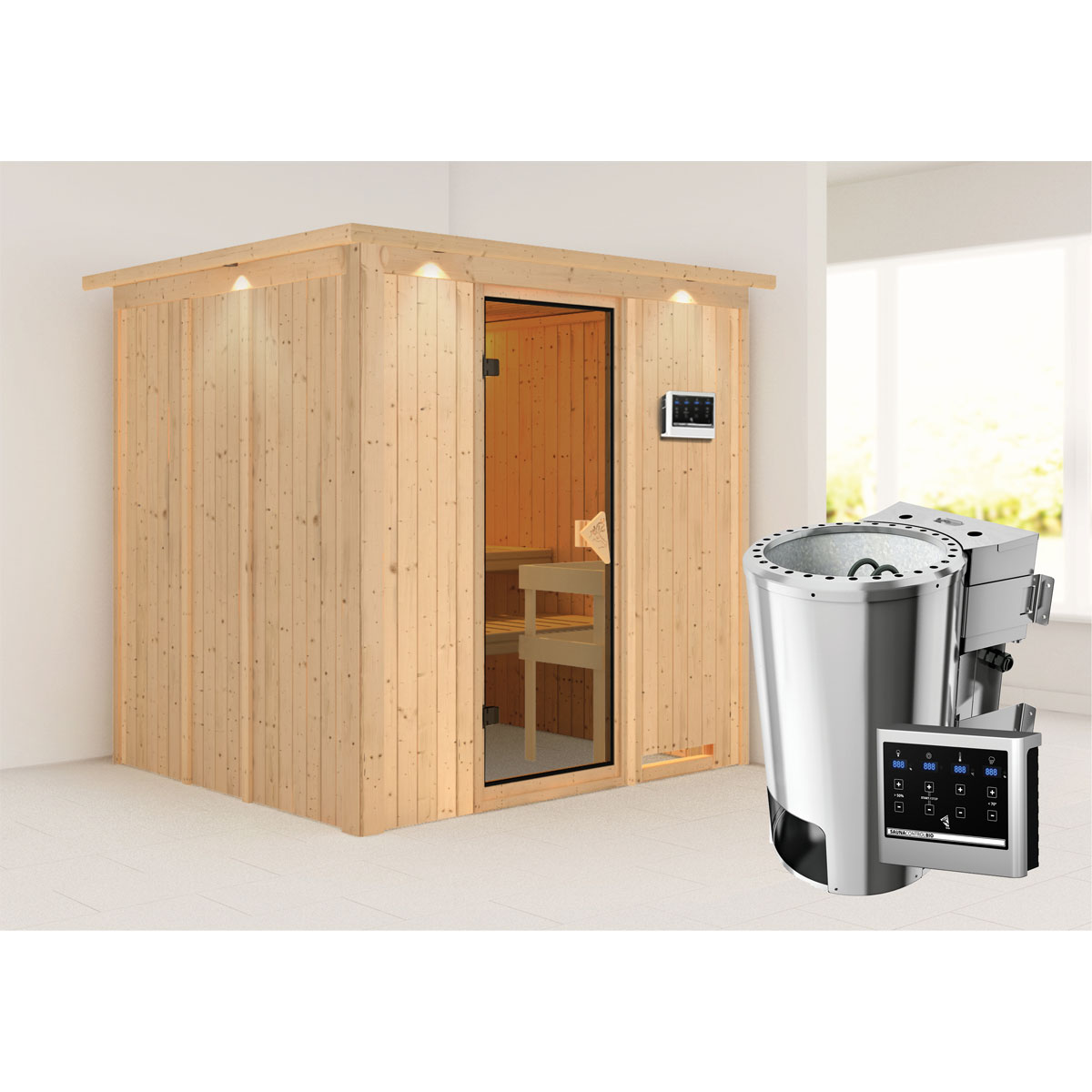 Karibu Systemsauna Daria 68 mm 3,6 kW Ofen Bio externe Strg mit Dachkranz Bild 1