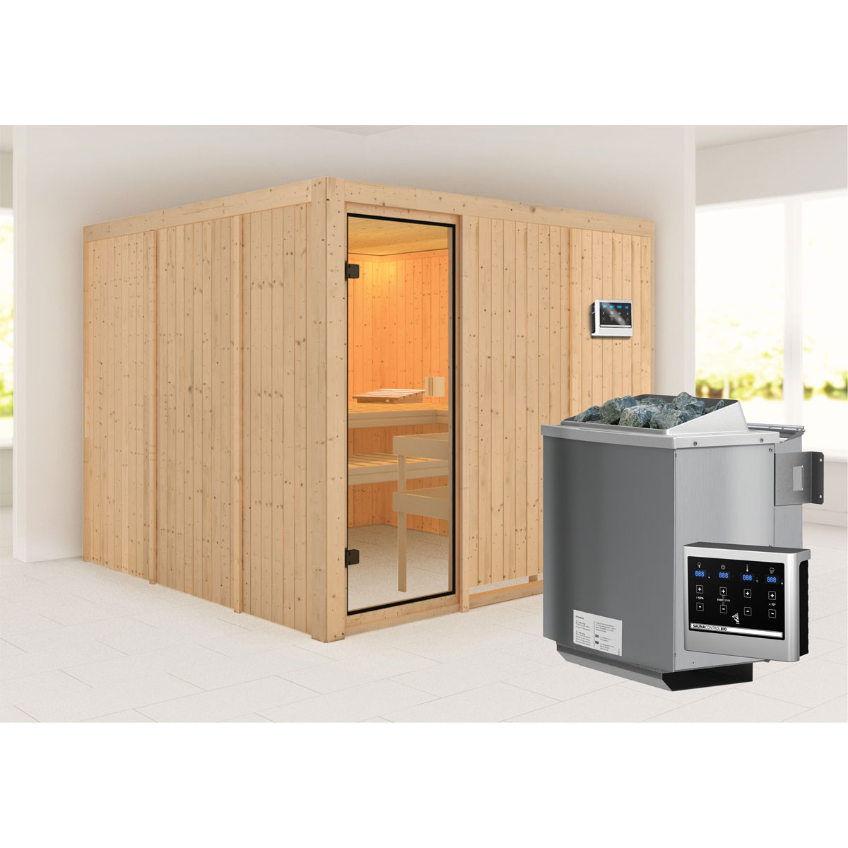 Karibu Sauna Arvika naturbelassen Bio externe Steuerung