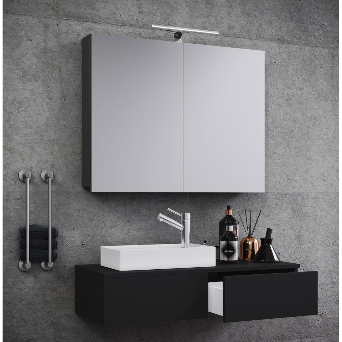 Gäste Waschplatz Gudas 3-teilig mit Spiegelschrank schwarz Bild 2