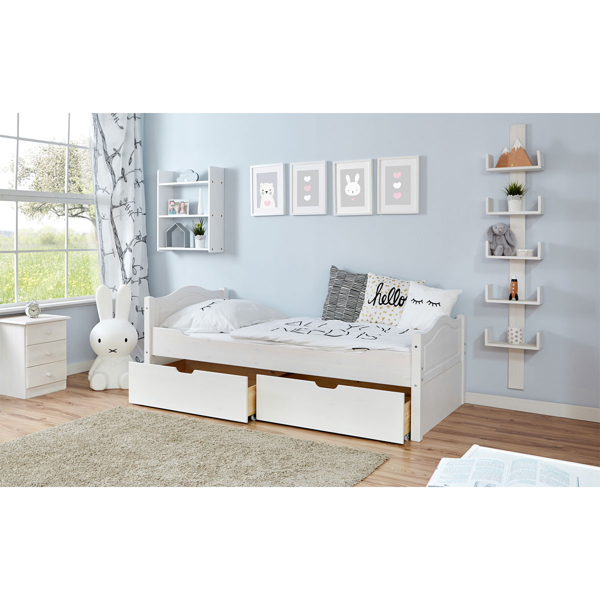 Ticaa Einzelbett Leni Kiefer weiß mit 2er Schubkästen 100 x 200 cm Bild 2