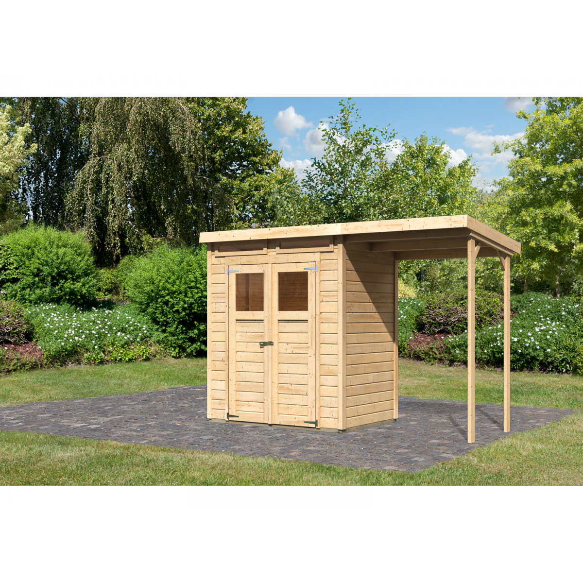 Karibu Gartenhaus Merseburg 2 Set mit Anbaudach 182 x 122 x 220 cm