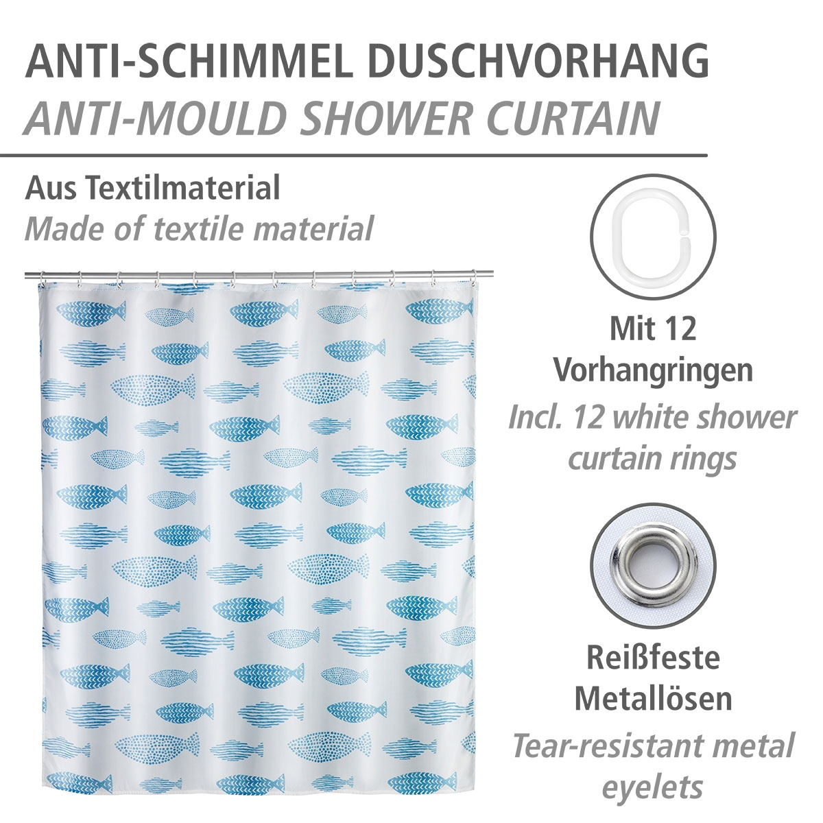 Wenko  Anti-Schimmel Duschvorhang Aquamarin Textil Polyester 180 x 200 cm waschbar Bild 2