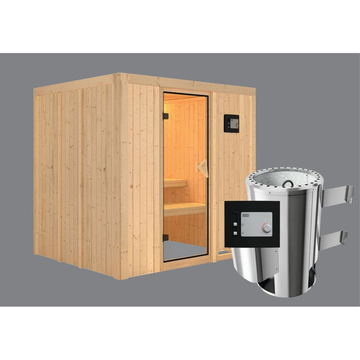 Karibu Systemsauna Daria 68 mm 3,6 kW Ofen externe Strg modern ohne Dachkranz Bild 2