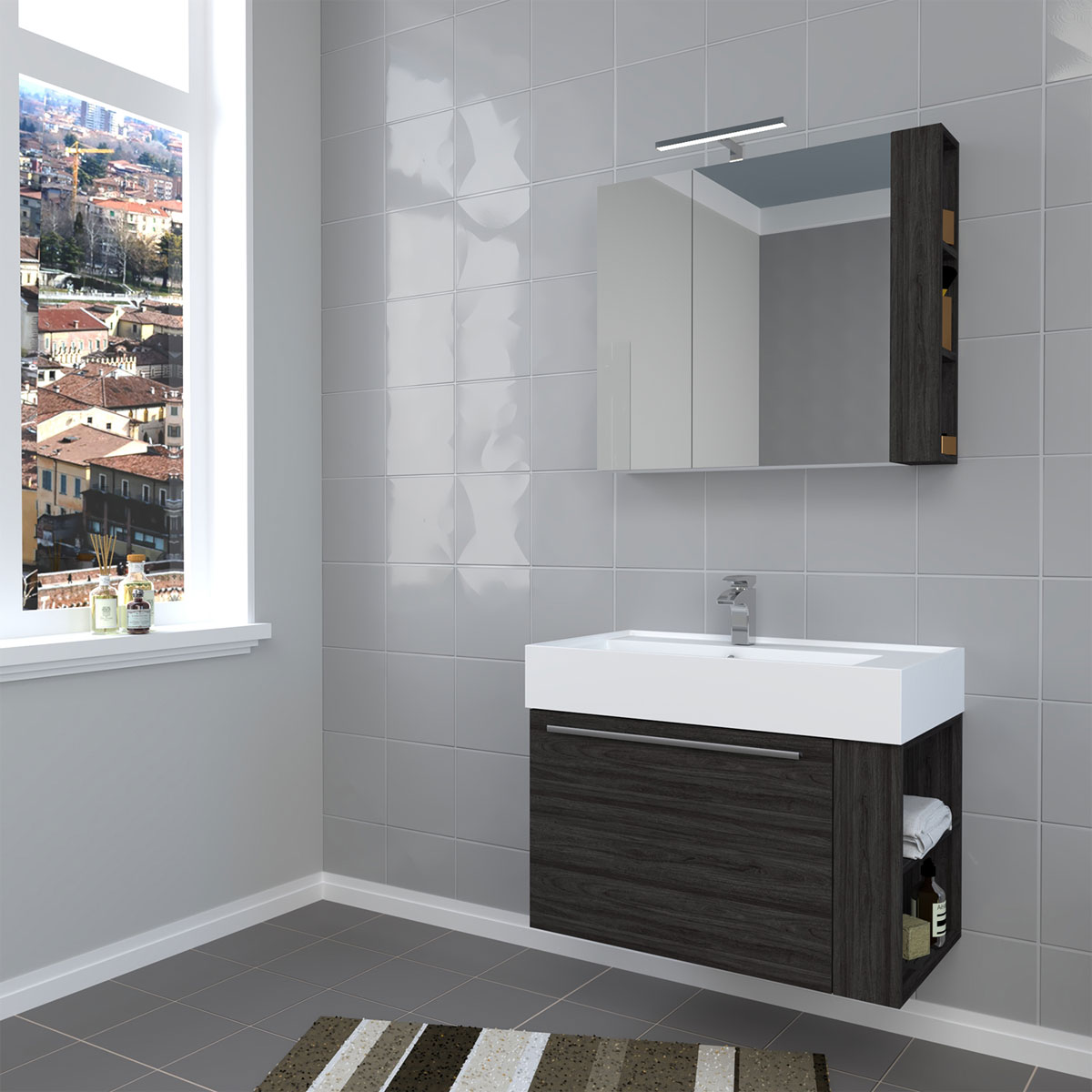 Progetto Idea Stella Badmöbel DOMUS 80 Ulme onyx mit Spiegelschrank und Lampe Bild 2