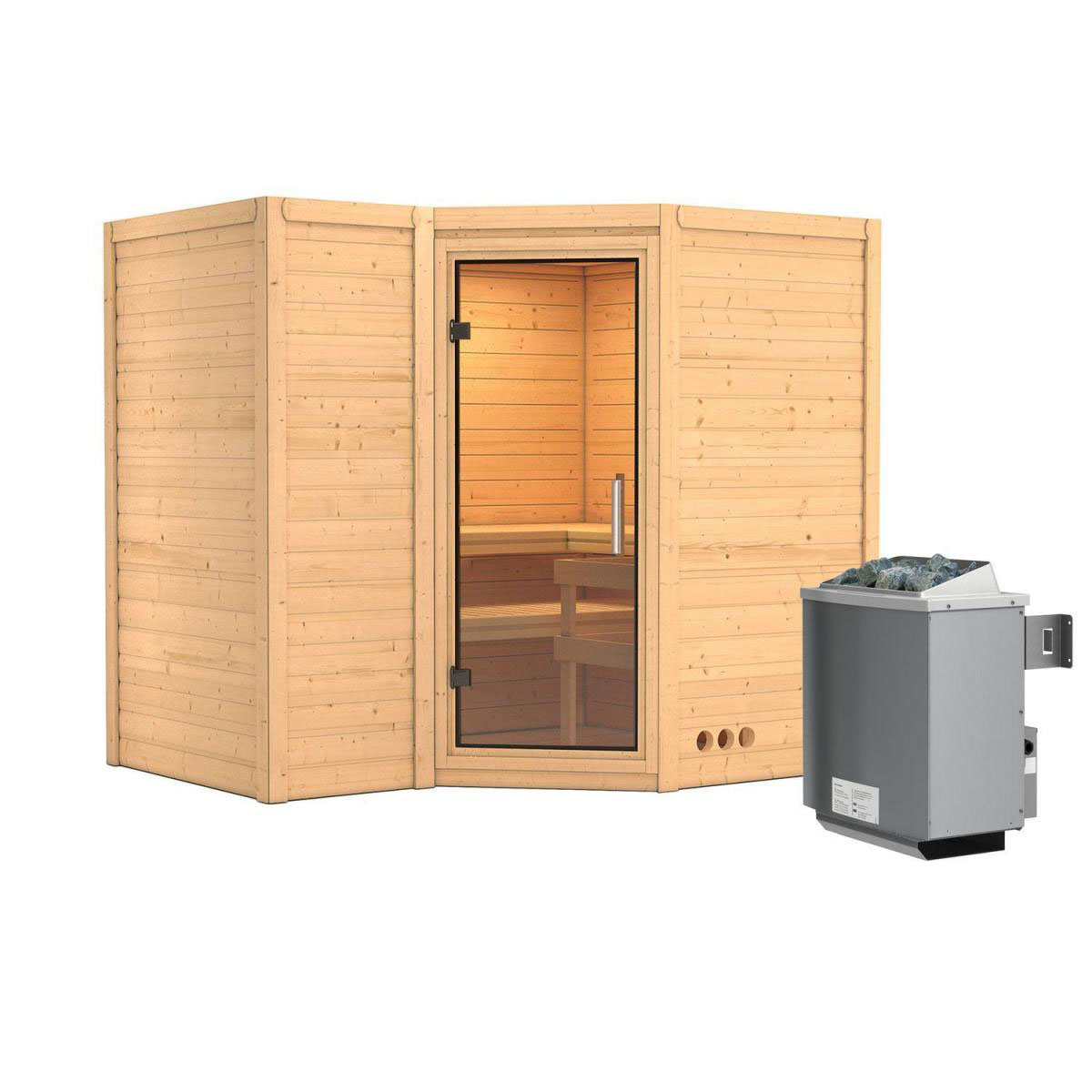 Karibu Sauna Sahib 2 Eckeinstieg 9 kW Ofen integr Strg kein Kranz Klarglas-Tür