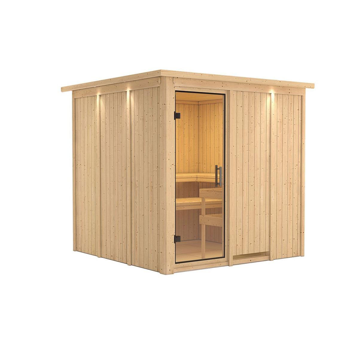 Karibu Sauna Rodin Fronteinstieg ohne Ofen mit Kranz Klarglas-Tür