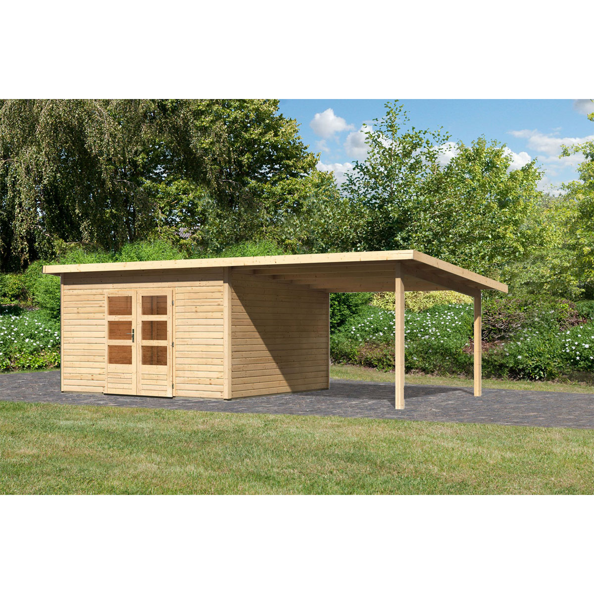 Karibu  Gartenhaus Northeim 5 natur 40 mm mit Anbaudach