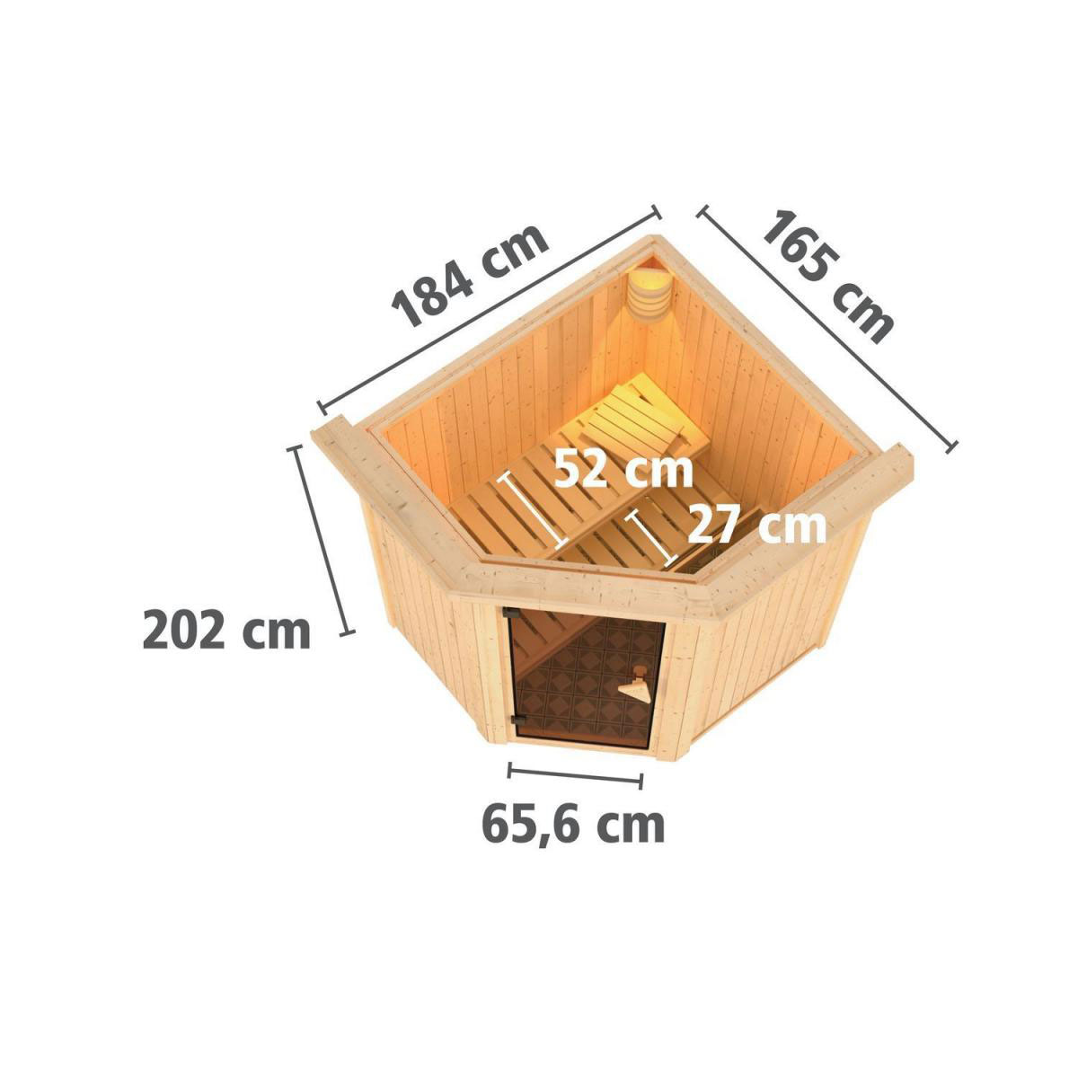 Karibu Sauna Tonja Eckeinstieg 3,6 kW Ofen externe Strg modern mit Kranz Klarglas-Tür Bild 12