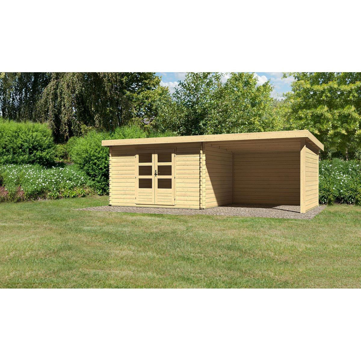 Karibu Gartenhaus Bastrup mit Schleppdach 300 cm und Seiten-/Rückwand naturbelassen 357 x 297 x 222 cm
