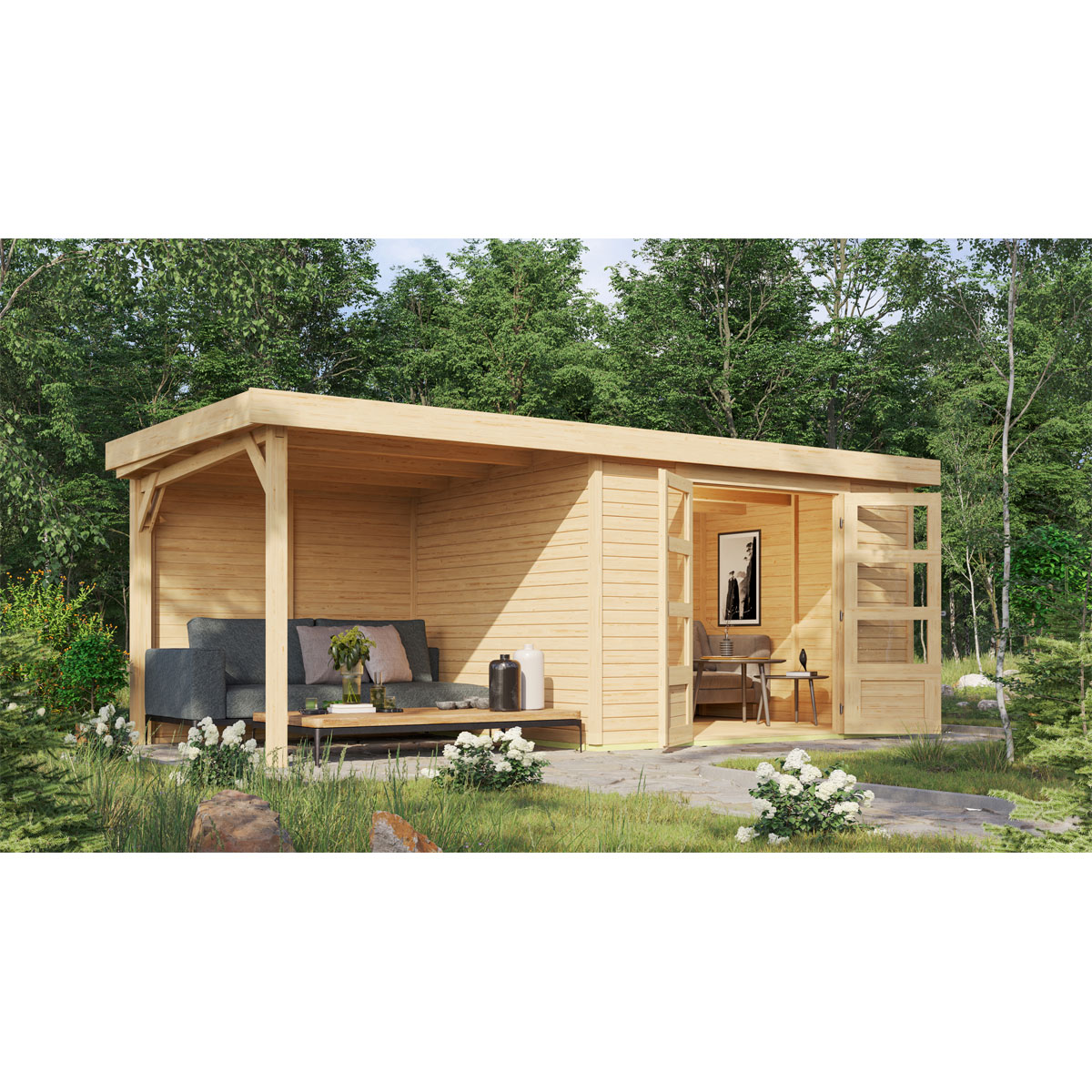 Karibu BBH Askola 5 Set mit Anbaudach naturbelassen