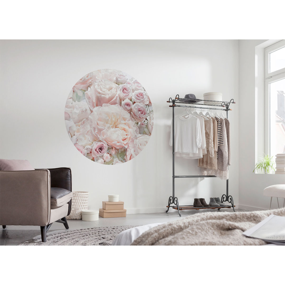 Komar Selbstklebende Vlies Fototapete rund Pink and Cream Roses Durchmesser 125 cm