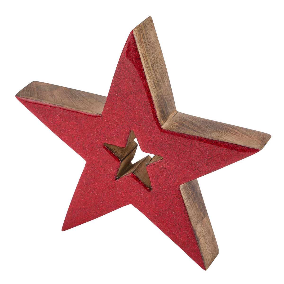Mangoholzstern steh. natur rot Glitzer 16x17cm