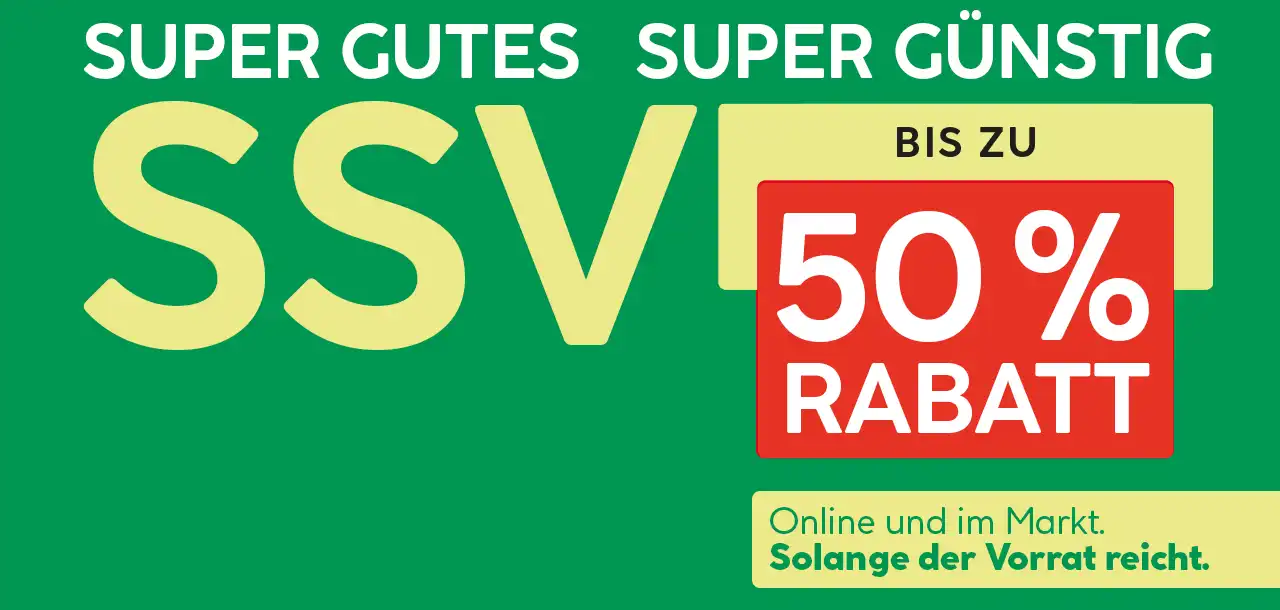 SSV gelbe Schrift auf grünem Hintergrund, Bis zu 50% Rabatt rot quer