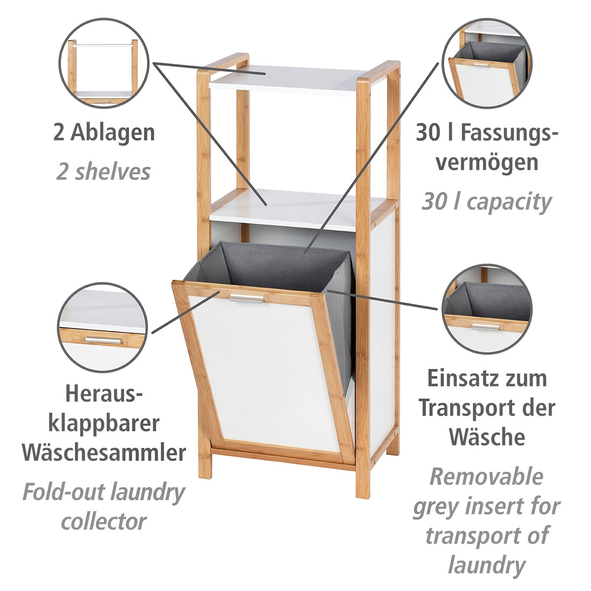 Wenko Regal Finja aus Bambus Wäschesammler mit | 514380 Ablagen integriertem 2 und mit Wäschebox