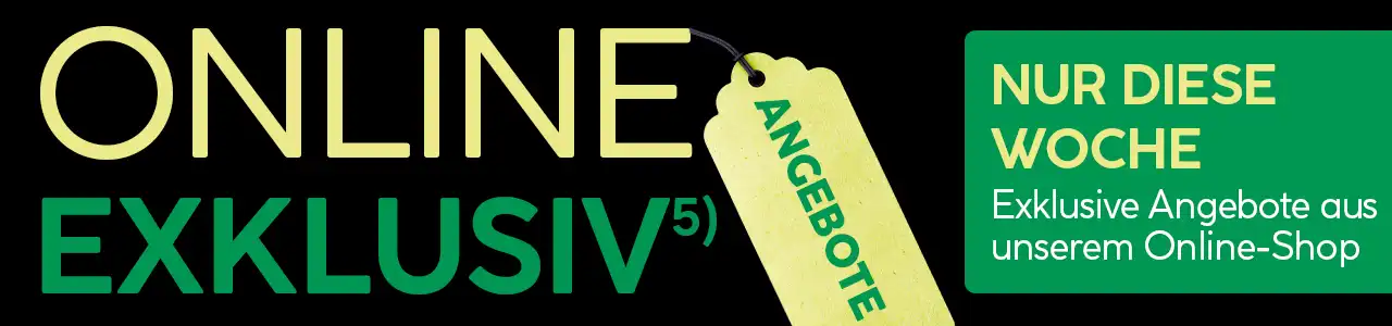 Online Exklusive Angebote, schwarzer Hintergrund, grün-gelbe Schrift, nur diese Woche Online Exklusive Angebote, schwarzer Hintergrund, grün-gelbe Schrift, nur diese Woche