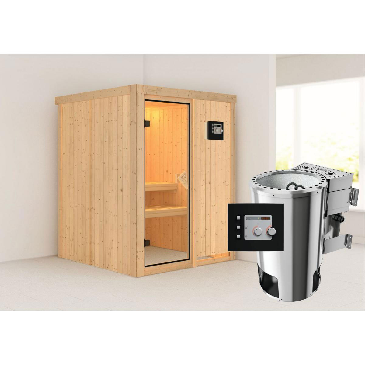Karibu Systemsauna Minja 68 mm 3,6 kW Ofen Bio externe Strg ohne Kranz Bild 1