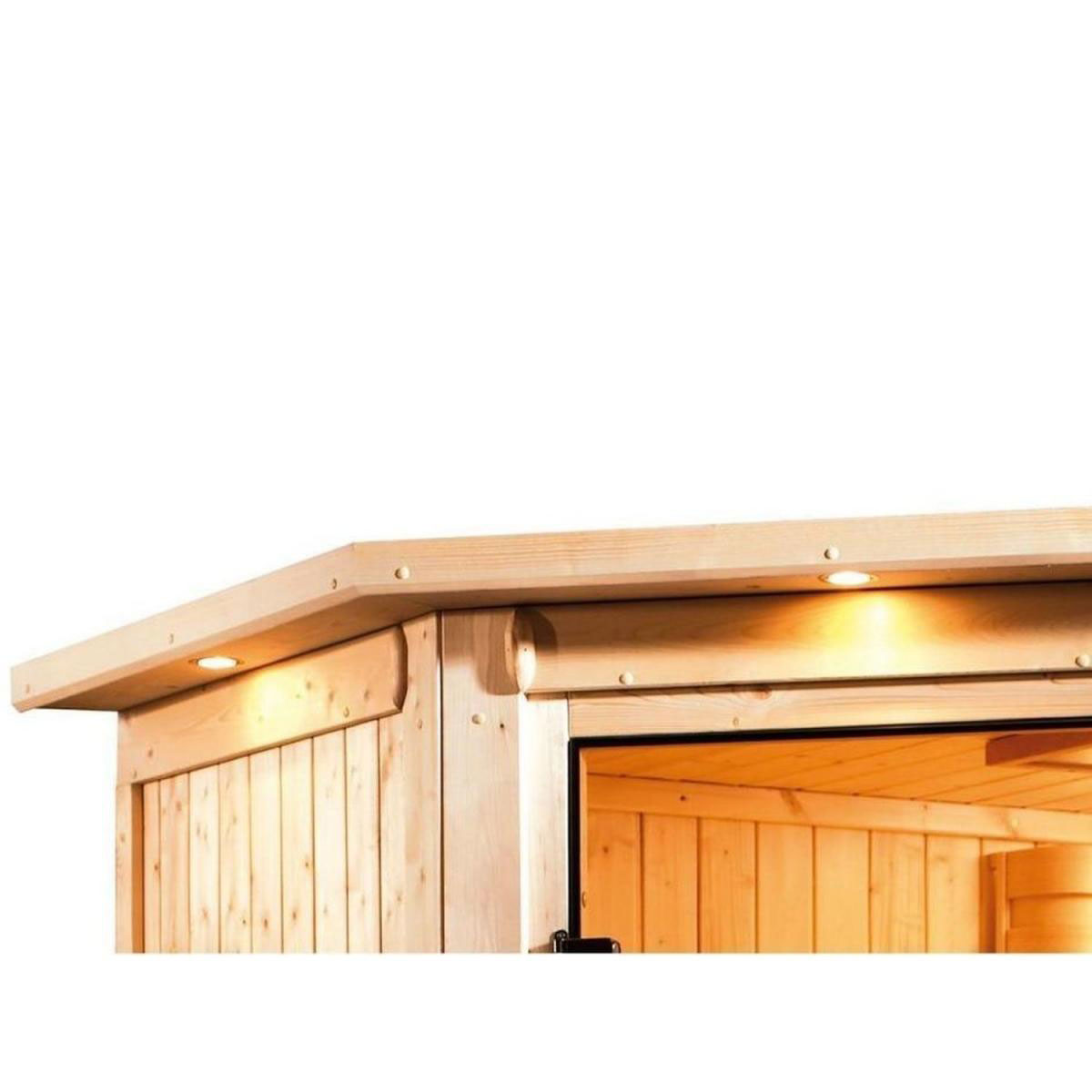 Karibu Sauna Malin Eckeinstieg ohne Ofen mit Kranz Klarglas-Tür