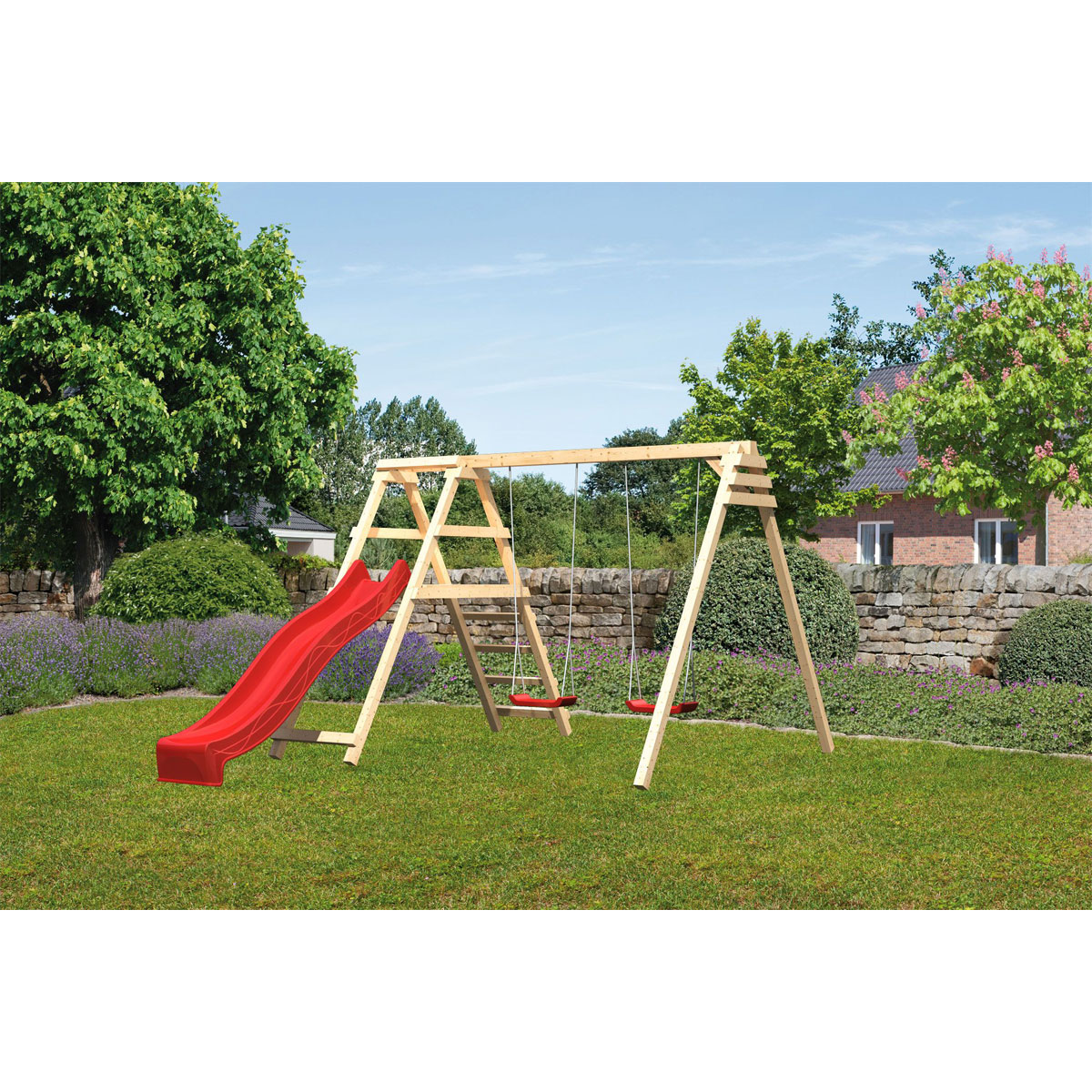 Karibu Schaukelset mit Klettergerüst naturbelassen inkl Rutsche rot