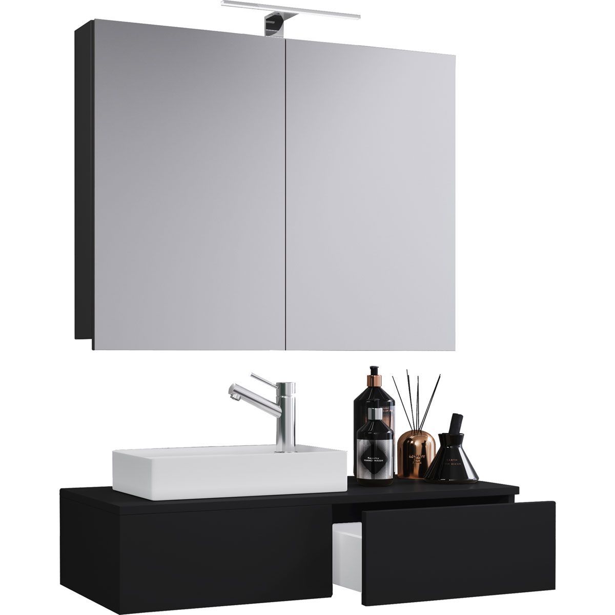 Gäste Waschplatz Gudas 3-teilig mit Spiegelschrank schwarz