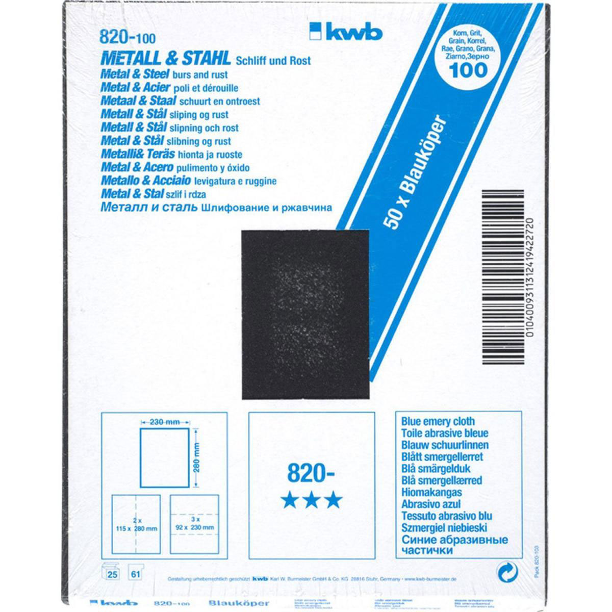 kwb  Schleifgewebe Metall und Stahl Blauköper 230 x 280 mm K100 Bild 2