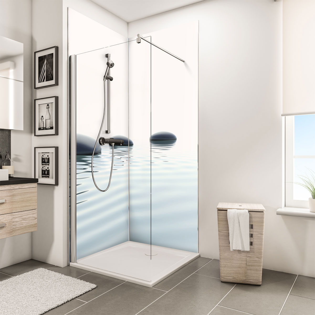 Schulte ExpressPlus Duschrueckwand DecoDesign Foto ue Eck Zen Steine u Wasser 2100 x 9