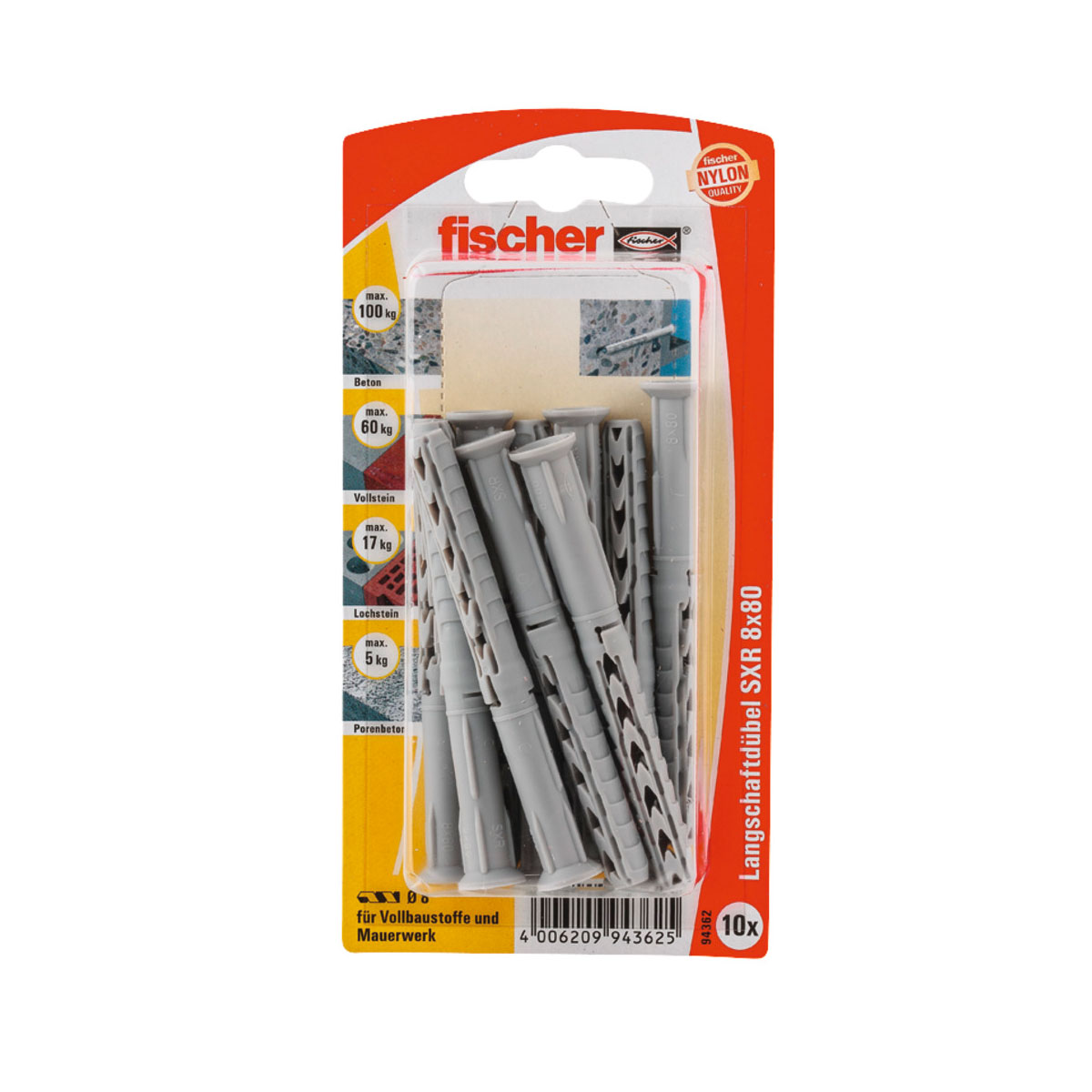 Fischer Langschaftdübel SX R 8 x 80 mm ohne Schraube 10 Stück