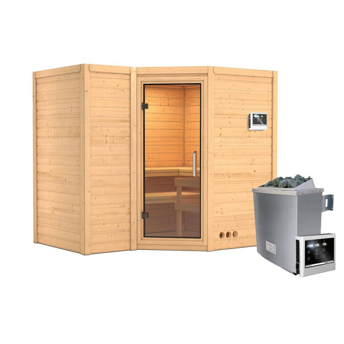 Karibu Sauna Sahib 2 Eckeinstieg 9 kW Ofen externe Strg kein Kranz Klarglas-Tür