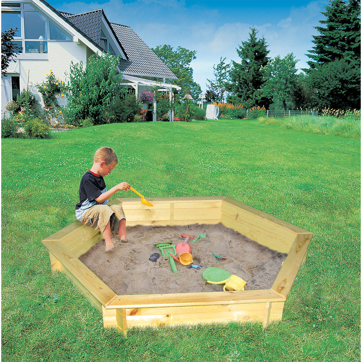 Promadino 6eck Sandkasten Fynja weiße Abdeckplane