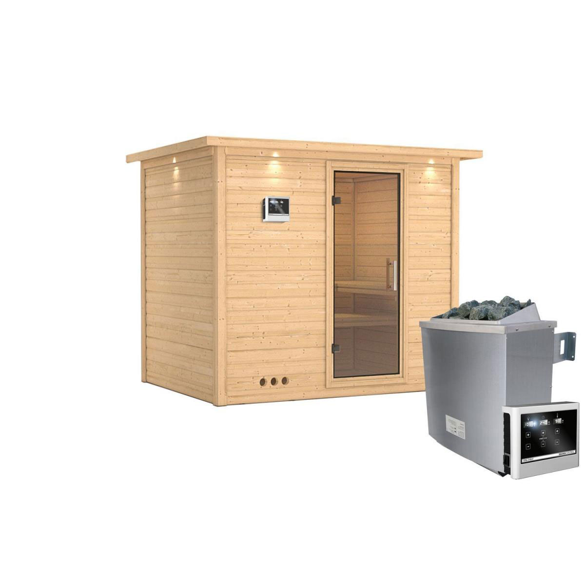 Karibu Sauna Sonara Fronteinstieg 9 kW Ofen externe Strg mit Kranz Klarglas-Tür