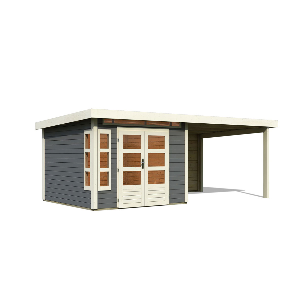 Karibu  Blockbohlenhaus Kastorf 6 terragrau mit Anbaudach und Rückwand Bild 3