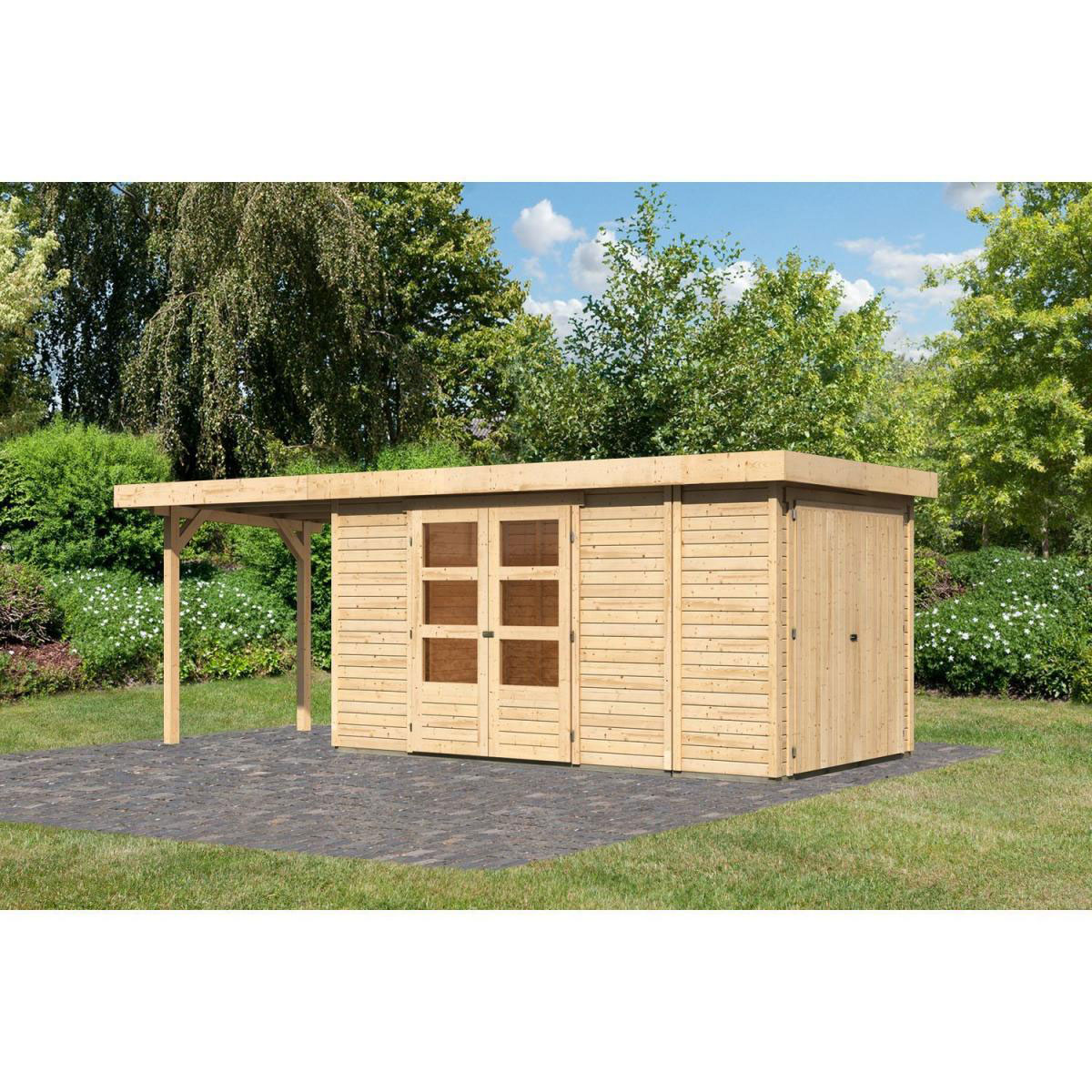 Karibu Gartenhaus Retola 5 inkl Anbauschrank und Anbaudach 2,40 Meter naturbelassen