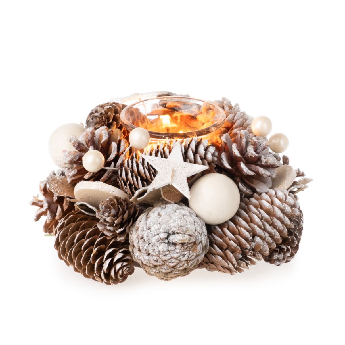 Kranz aus Holz mit Teelichtglas weiss