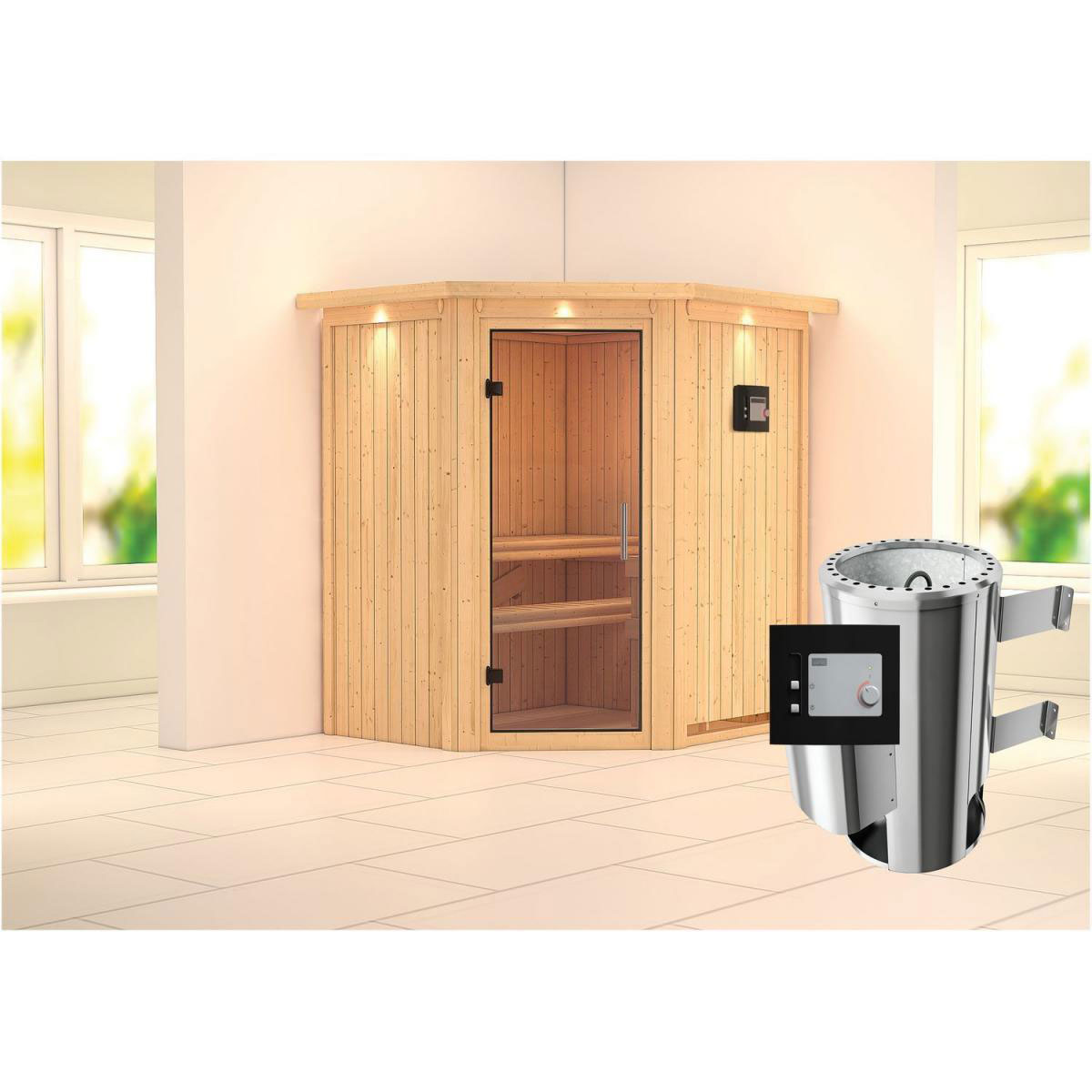 Karibu Sauna Tonja Eckeinstieg 3,6 kW Ofen externe Strg modern mit Kranz Klarglas-Tür Bild 7