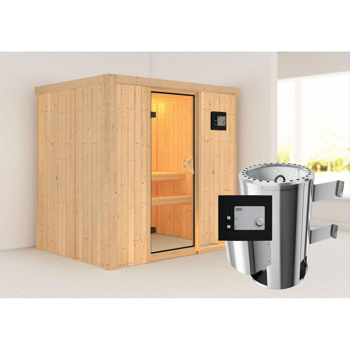 Karibu Systemsauna Fanja 68 mm 3,6 kW Ofen externe Strg modern ohne Dachkranz Bild 1