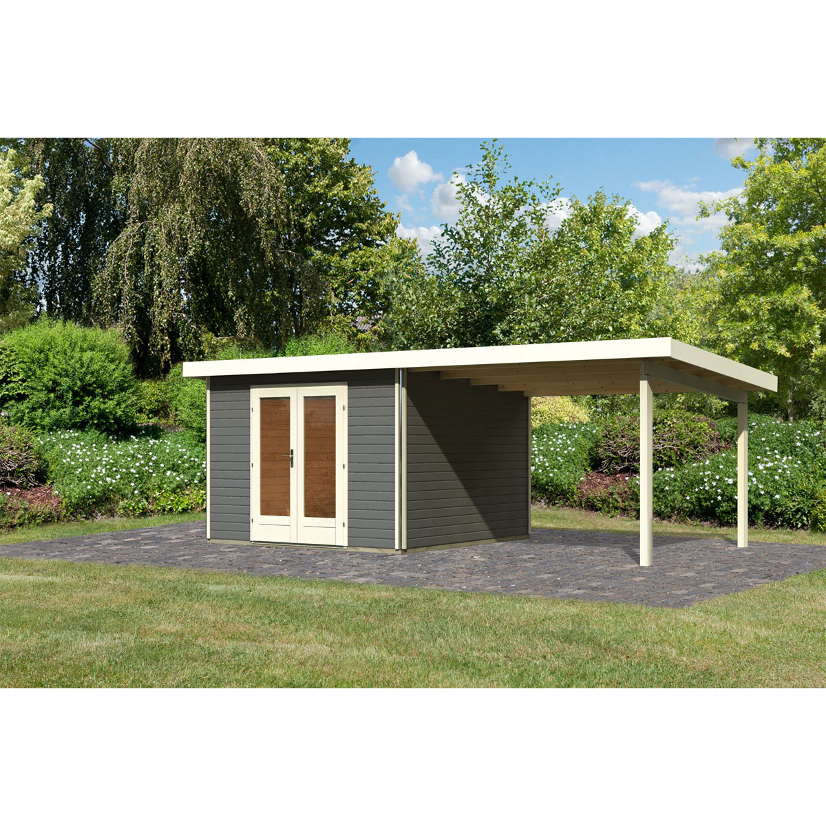 Karibu  Blockbohlenhaus Radeburg 1 terragrau mit Anbaudach