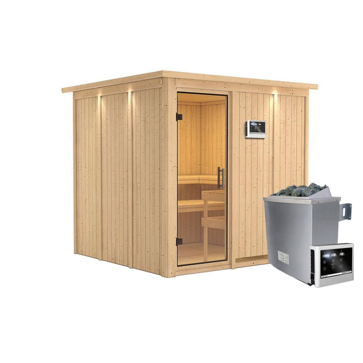 Karibu Sauna Rodin Fronteinstieg 9 kW Ofen externe Strg mit Kranz Klarglas-Tür