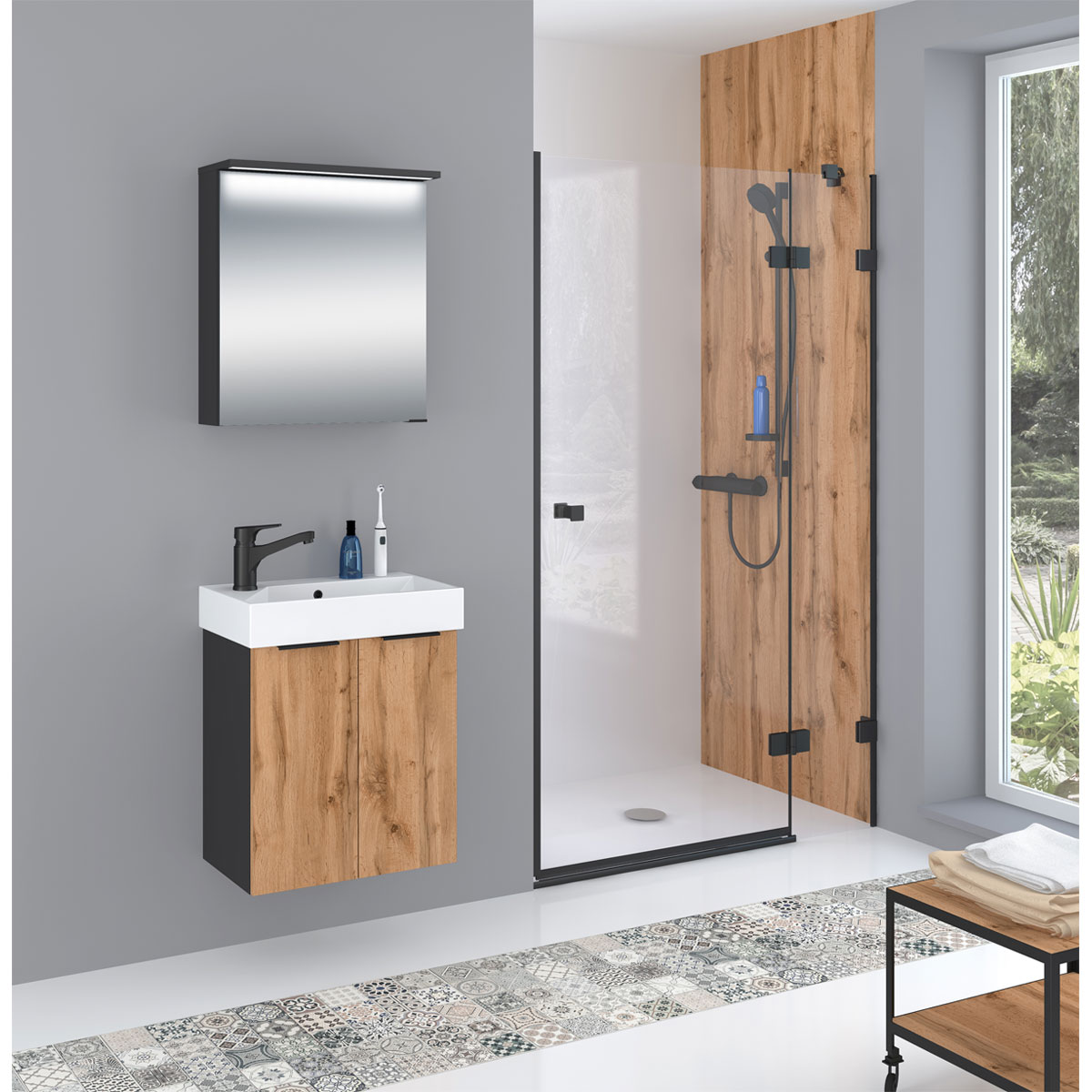 Badmöbel-Set „Mara“, Spiegelschrank + Waschtischunterschrank 