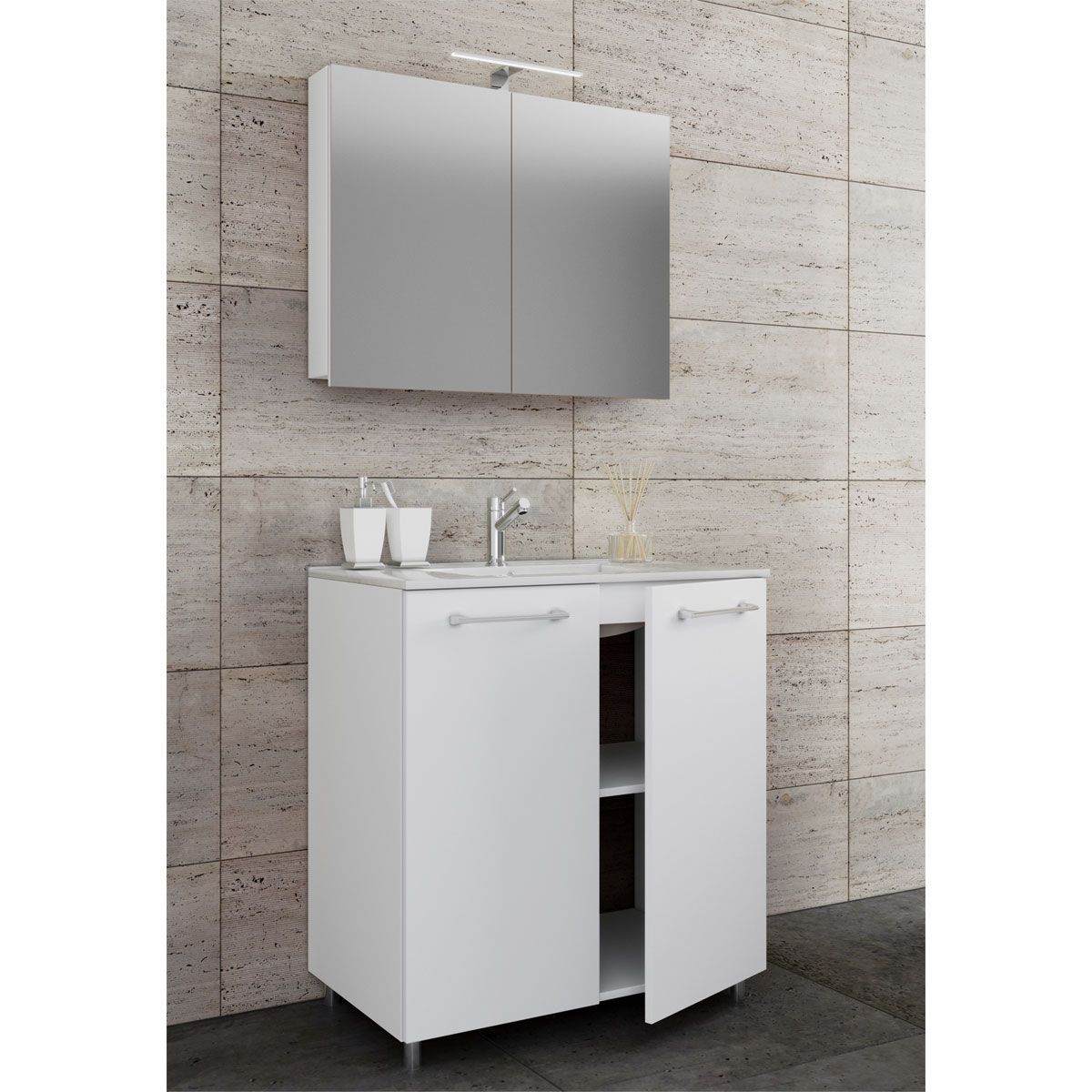 Stand-Waschplatz 80 cm 3-teilig 2 Türen mit Spiegelschrank weiß Bild 2