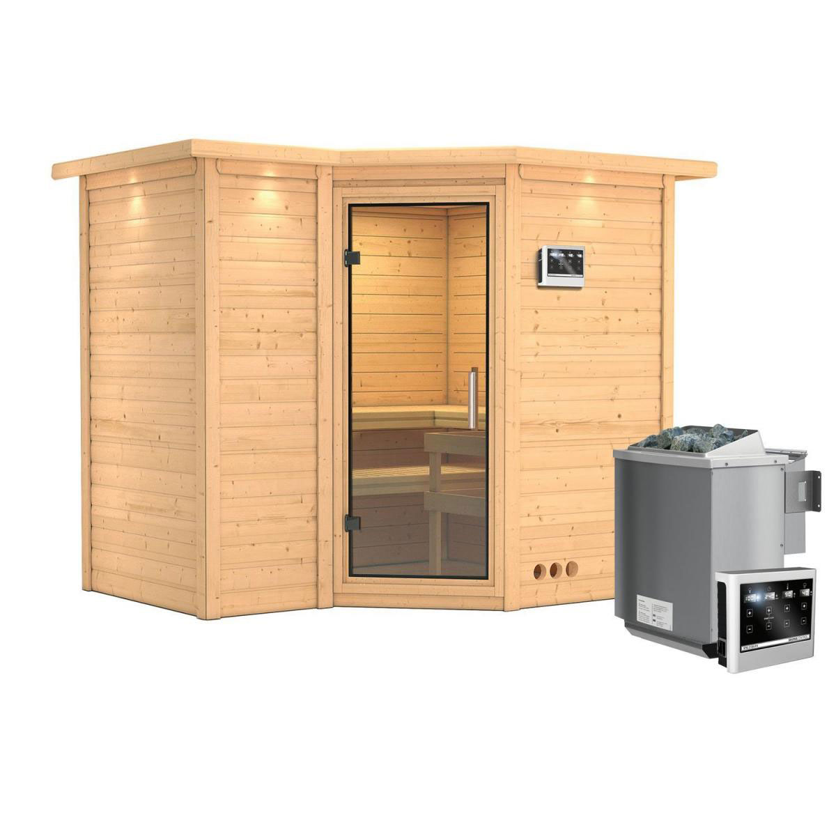 Karibu Sauna Sahib 2 Eckeinstieg 9kW Bio Ofen externe Strg mit Kranz Klarglas-Tür Bild 1