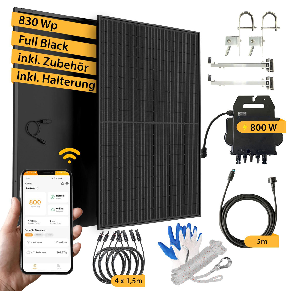VALE Balkonkraftwerk 800 Watt Full Black mit Halterung - 830 Wp APsystems Wechselrichter