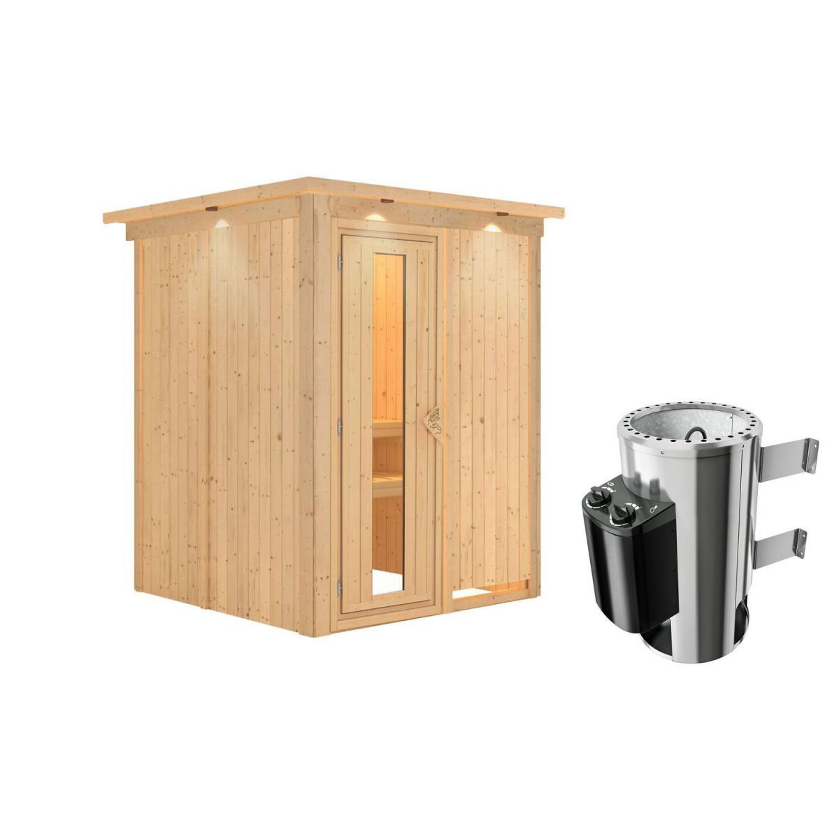 Karibu Sauna Minja Fronteinstieg 3,6 kW Ofen integr Strg mit Kranz Energiespartür Bild 2