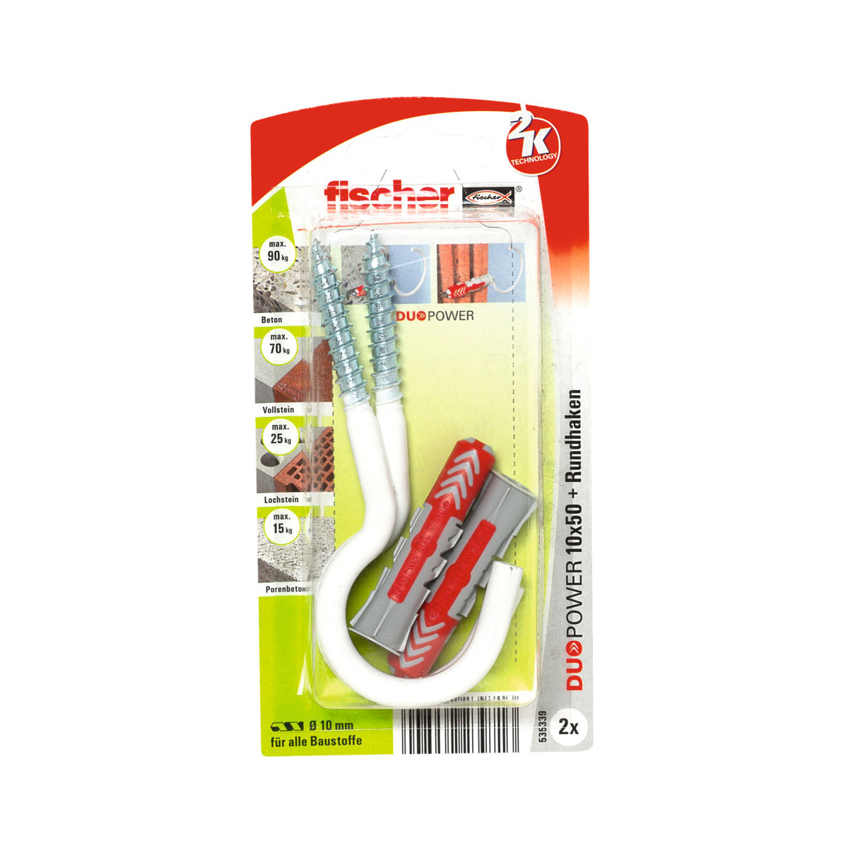 Fischer Dübel DuoPower 10 x 50 mm mit Rundhaken groß nylonbeschichtet 2 Stück