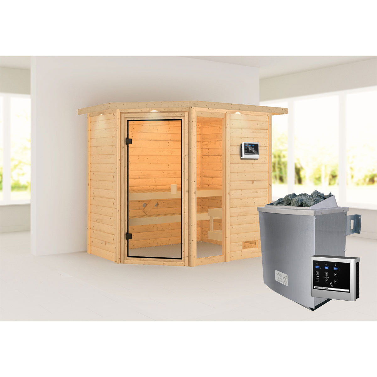 Karibu Sauna Jada mit Kranz naturbelassen externe Steuerung