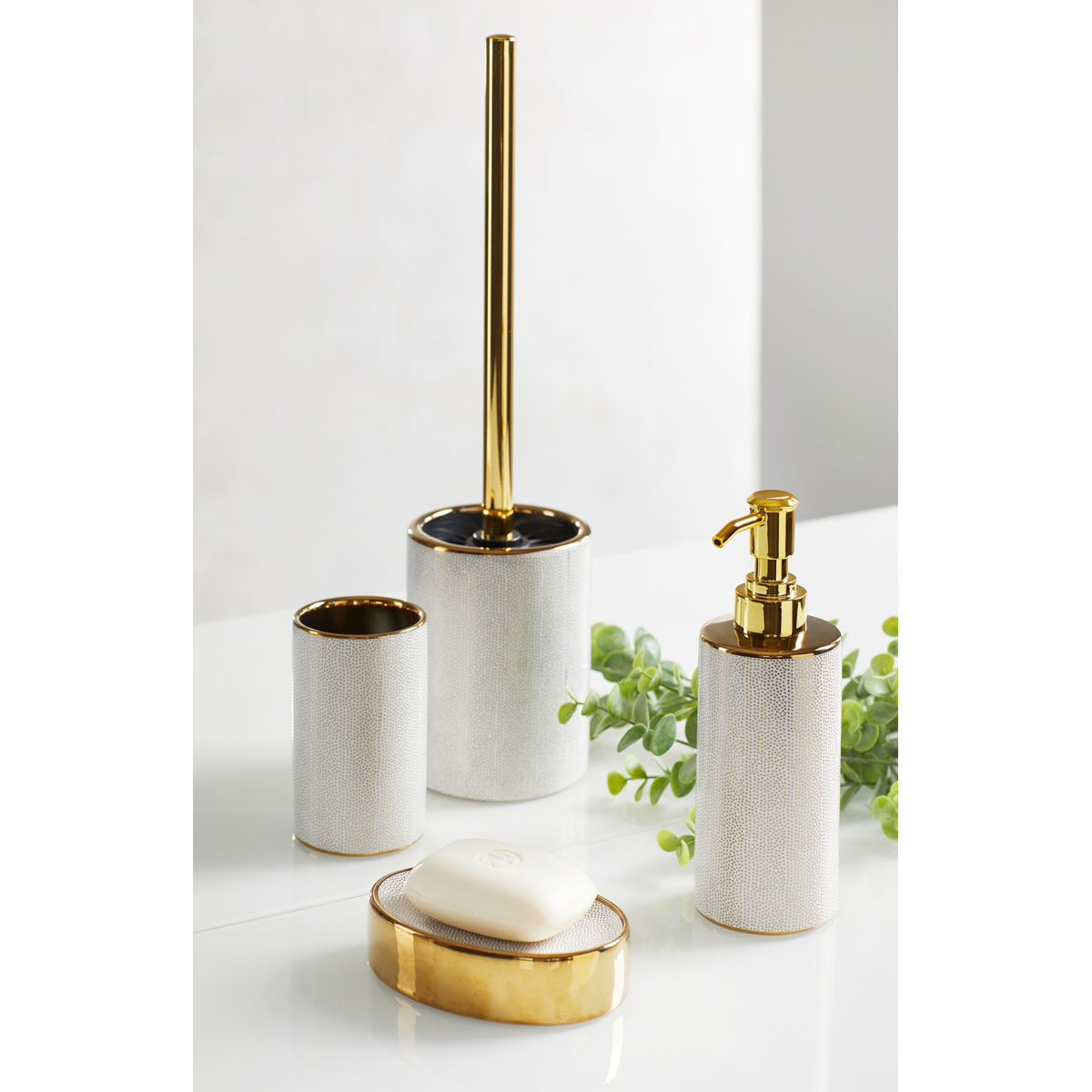 Wenko WC-Garnitur hochwertiger 514448 Keramik aus WC-Bürstenhalter | Nuria Gold/Weiß