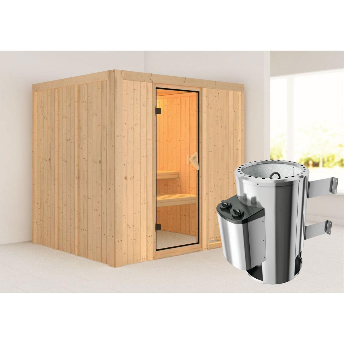 Karibu Systemsauna Daria 68 mm 3,6 kW integr Strg ohne Dachkranz Bild 1